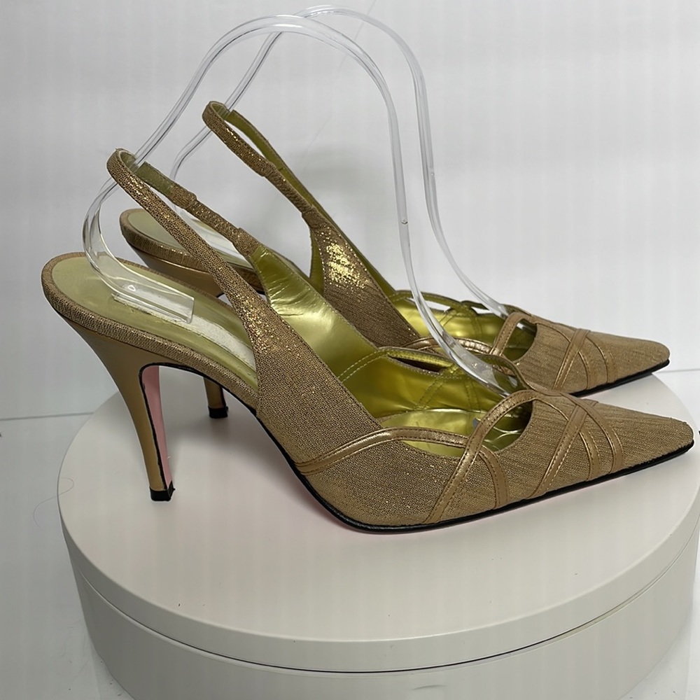 Christian Lacroix Gold Slingback Pointed Toe Heels
